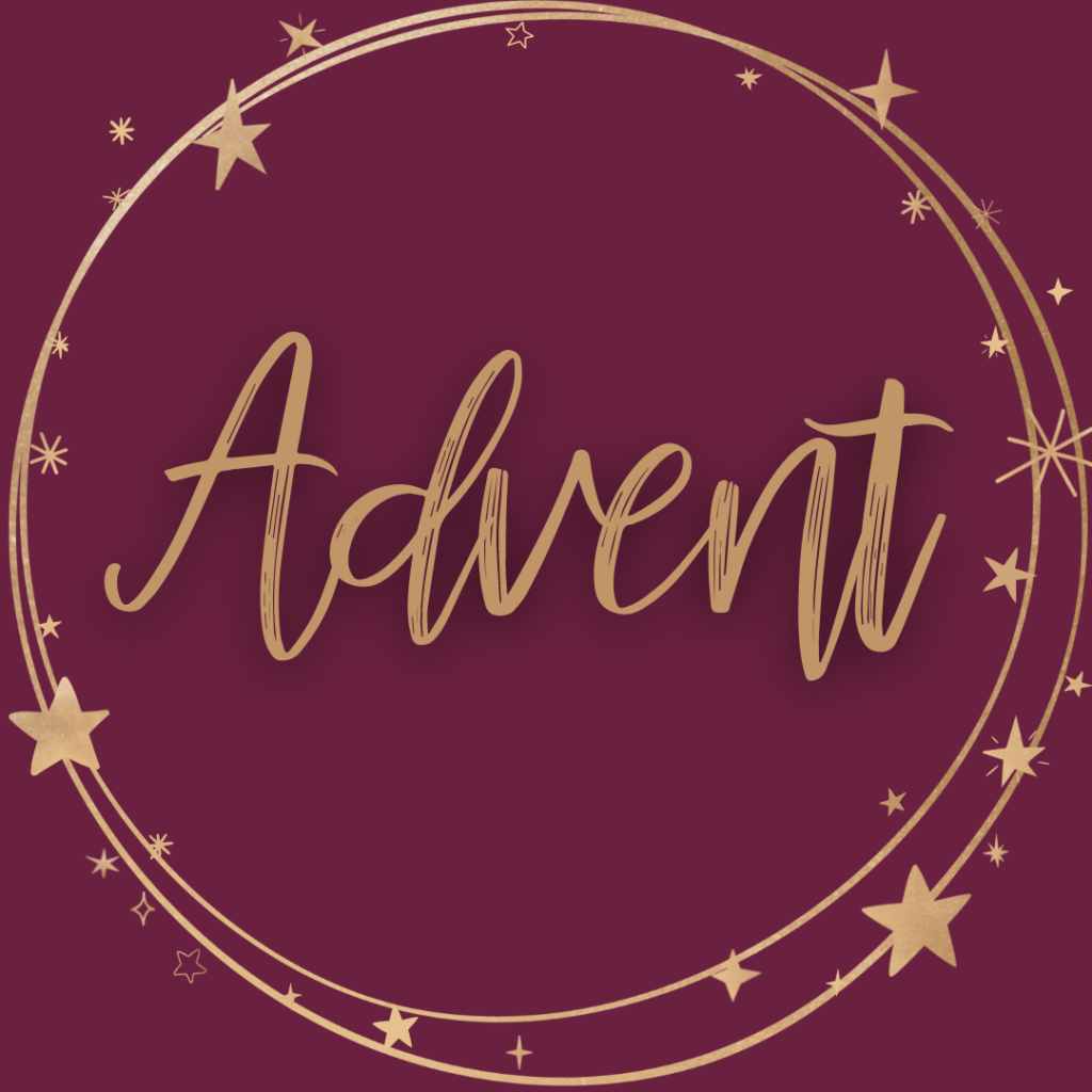 A maroon background on which sits the word Advent, circled in gold and surrounded by stars.