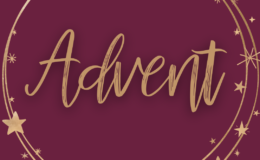 A maroon background on which sits the word Advent, circled in gold and surrounded by stars.